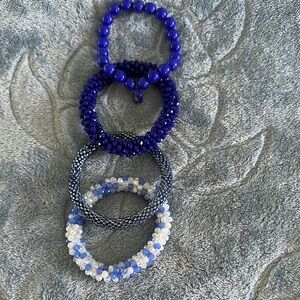 Blue white and silver stretch bracelets